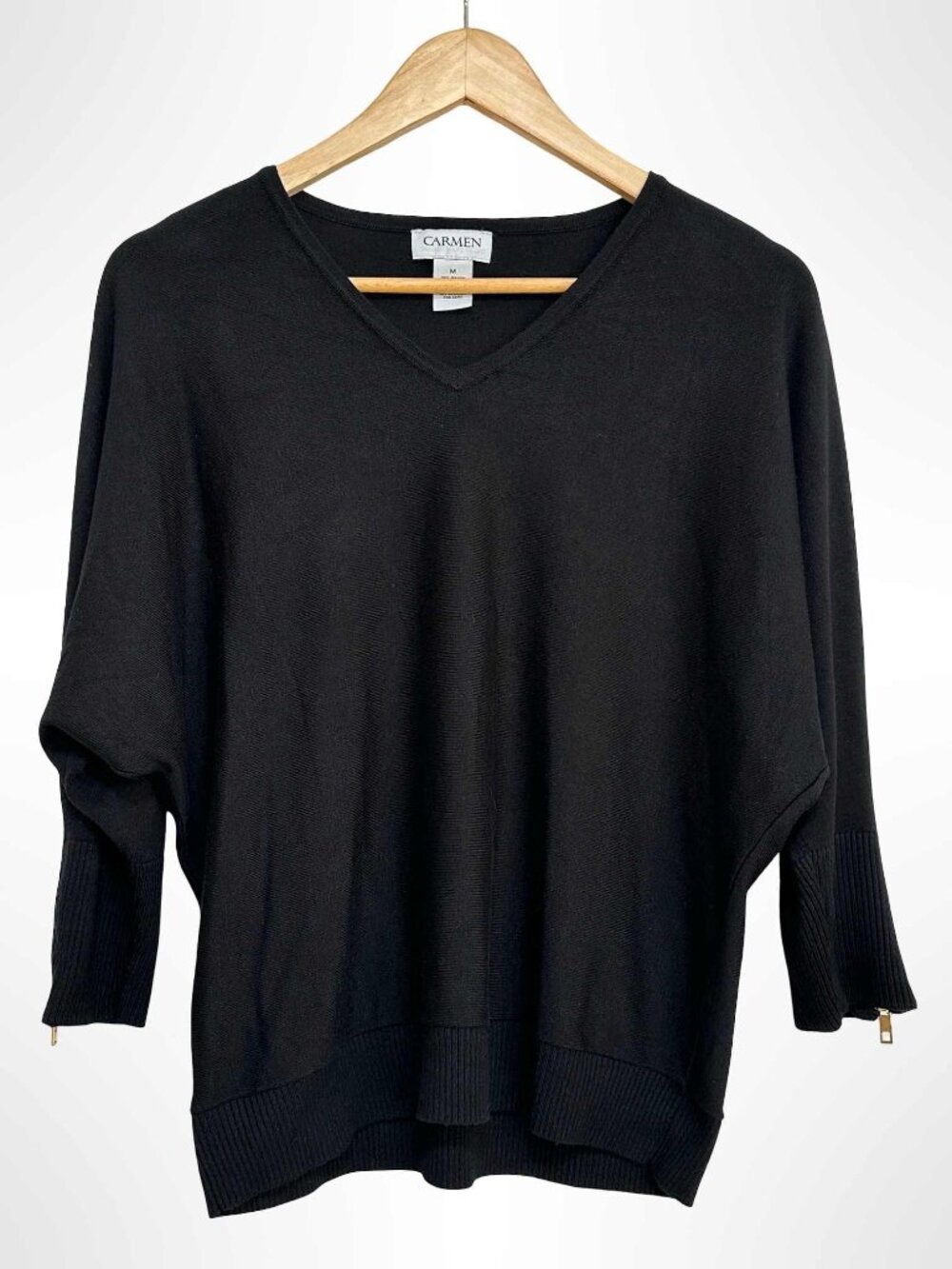 CARMEN MARC VALVO V Neck Pullover Sweater with Zipper Cuffs Black Size M